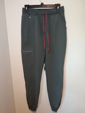 Size S Figs Scrubs Technical Deep Green Joggers with Maroon Drawstring-Flawed